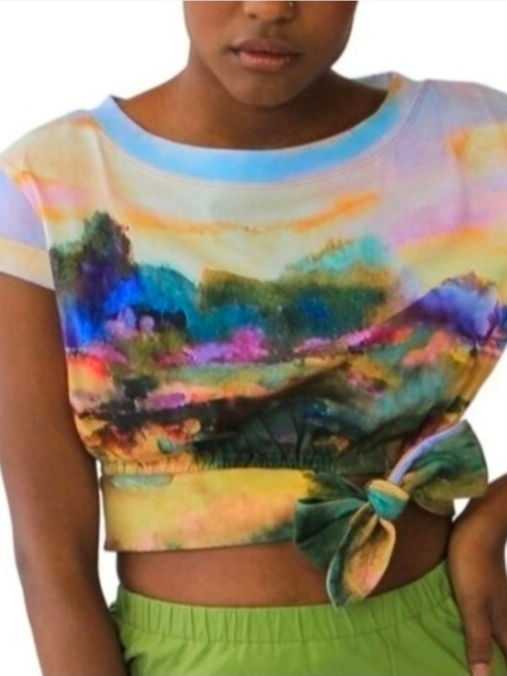 Anthro Tie-Neck Watercolor Print Crop Top in Multi, Size Medium